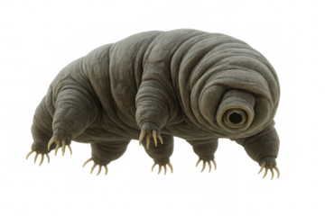 Microscopic tardigrade crawling across transparent surface, revealing intricate body segments and distinctive leg configuration
