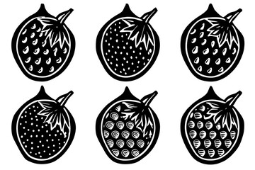 Six stylized black and white strawberry illustrations
