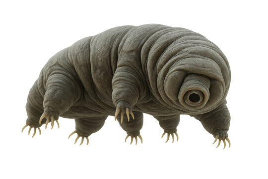 Microscopic tardigrade crawling across transparent surface, revealing intricate body segments and distinctive leg configuration
