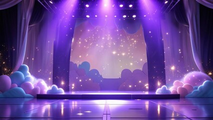 Purple spotlight stage with dreamy cloud and star elements, ideal for music, entertainment, fantasy, or digital event backgrounds.