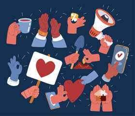 Cartoon vector illustration of hands in various situations, holding a tea cup, applauding, holding a percentage, planting a seed, showing OK sign, passing a heart, holding a megaphone, holding a puzzl