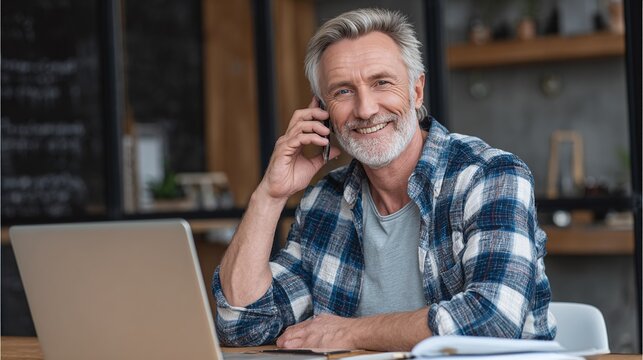 Smiling man with laptop talking on his smartphone. Confident businessman in checkered shirt in the office or cafe, multitasking with modern technology.