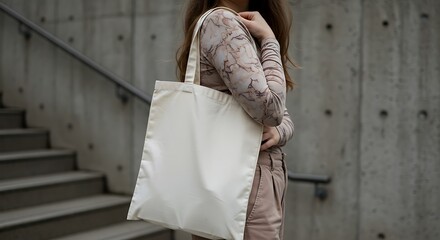 Woman Holding Blank Tote Bag, Concrete Background, Fashionable, Modern Style.