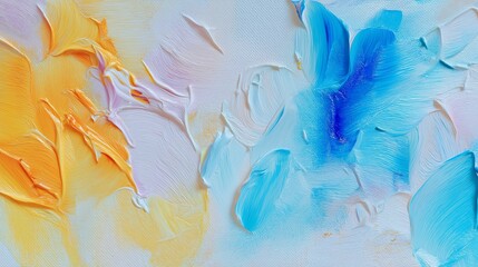 Abstract oil painting with light pastel colors, oil on canvas white, marine blue and amber orange, wallpaper, background, use of palette knives, realistic hyper-detail