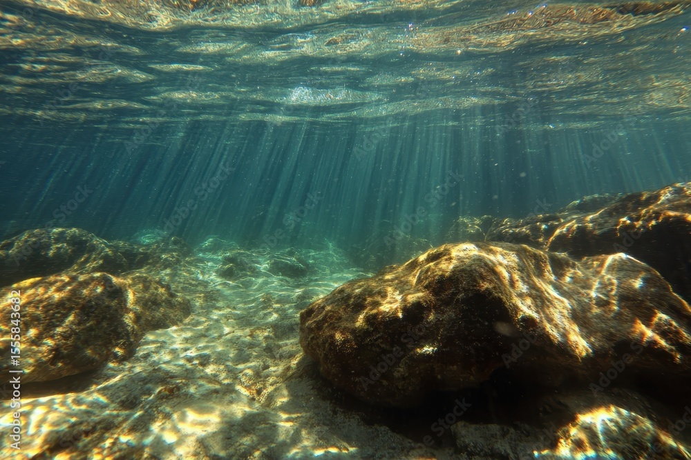 Poster sunlight streams through clear ocean water, illuminating rocks and sand. use for projects needing a 