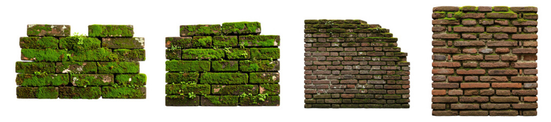 Old Brick Wall with Moss Isolated on White Background

