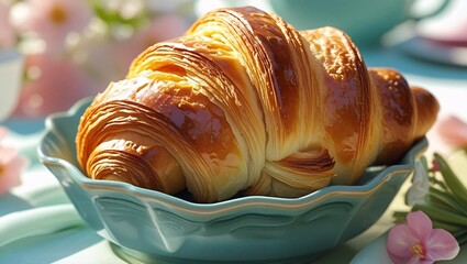 Golden, flaky French croissant on a clean surface with soft light, ideal for bakery, breakfast, and lifestyle food visuals.