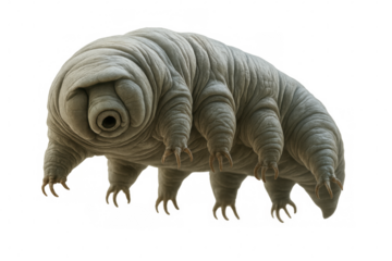 Water bear tardigrade walking on eight legs, displaying intricate claws against a transparent background, highlighting its unique features