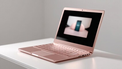 Modern rose gold laptop setup on a clean workspace, ideal for bloggers, content creators, and productivity scenes.