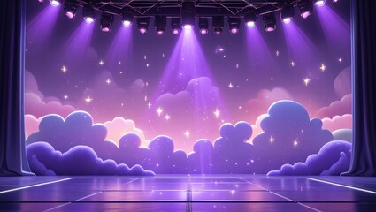 Purple spotlight stage with dreamy cloud and star elements, ideal for music, entertainment, fantasy, or digital event backgrounds.