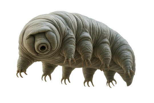 Water bear tardigrade walking on eight legs, displaying intricate claws against a transparent background, highlighting its unique features