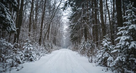 Snowy path through a dense forest with tall trees covered in snow on a cold winter day landscape view