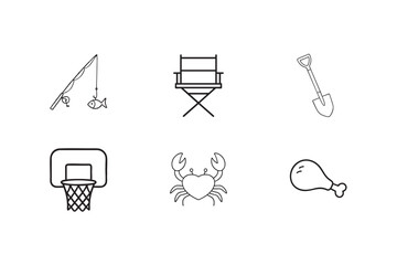 Simple Line Art Icons Fishing Director s Chair Shovel Basketball Hoop Crab and Chicken Leg
