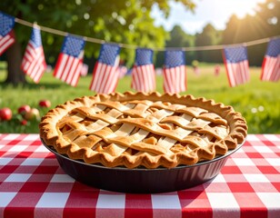 Classic American Pie: Delicious apple pie ready for a 4th of July picnic, adorned with patriotic flags. Perfect for summer, holidays, and traditional celebrations.