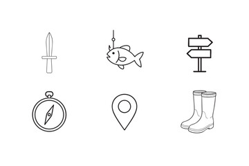 Outlined Icons Representing Outdoor Activities Sword Fishing Signpost Compass Location Pin and Rain Boots collection
