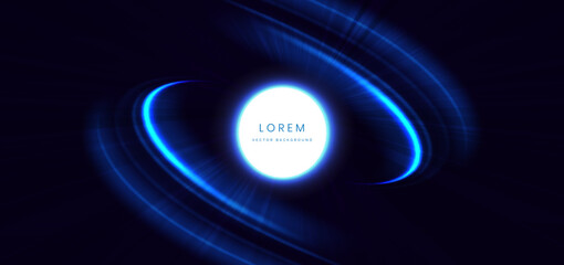 Circle glowing with blue curved ray decoration on dark blue background. Hi-speed motion moving concept.
