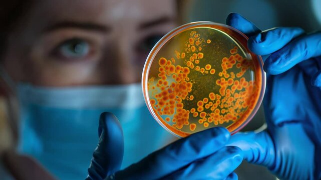 Female scientist examining bacterial colonies in petri dish, close-up of microbiology research in lab.