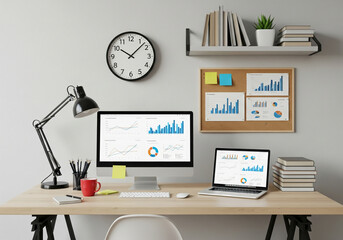 Computer desk, workplace cartoon, business concept