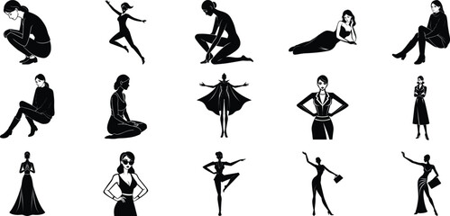 Elegant Female Silhouettes: Fashion, Dance, and Pose Illustration Set