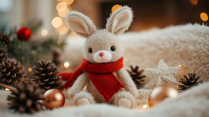 Obraz premium Cute plush bunny in red scarf resting beside pinecones and snow, framed by warm lights in a soft holiday setting.