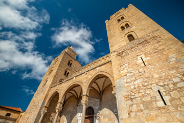 Cefalu Sicily, Italy - August 30, 2020: Cathedral of Cefalu, a beautiful town at coastline