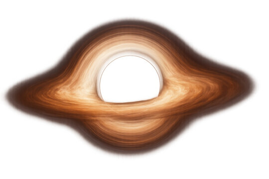 Swirling orange accretion disk surrounding a supermassive black hole bending spacetime, isolated on transparent background