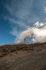 View of Etna national park, panoramic view of volcanic landscape in Sicily, Italy