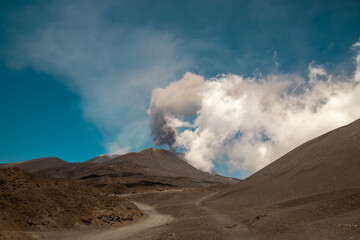 View of Etna national park, panoramic view of volcanic landscape in Sicily, Italy