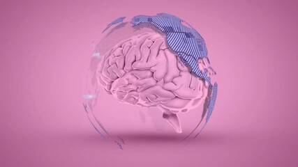 After brief pause, 3D brain hovering, fragments emerging, continents rotating showing global ideas - Powered by Adobe
