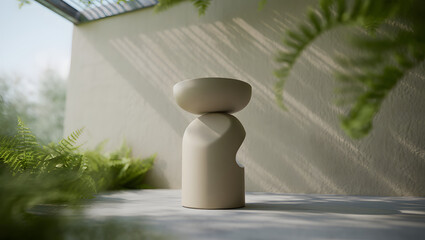 Serene Minimalist Beige Ceramic Sculpture with Greenery, Soft Light, Modern Design.