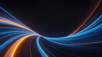 Abstract Energy Flow: Captivating illustration of dynamic light trails in vibrant hues of blue and orange, flowing seamlessly against a dark backdrop, symbolizing speed, connectivity.