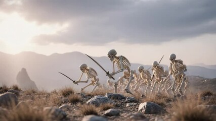 Skeleton warriors advancing across barren landscape with swords - Powered by Adobe