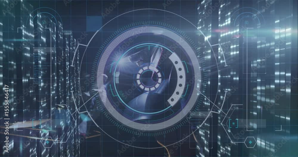 Poster grid overlay initiating disc appearing rings rotating nodes linking tech interface over skyline