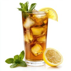 Cold iced tea with mint leaves and lemon wedges in a tall glass, isolated on white background.