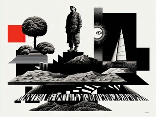 adventure awaits: a stunning explorer amidst layered nature depictions – perfect for inspiring sporty interiors and motivational posters