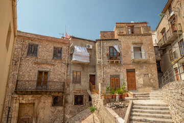 Sicily, Italy - August 30, 2020: Caccamo town. View of charming streets on a sunny day