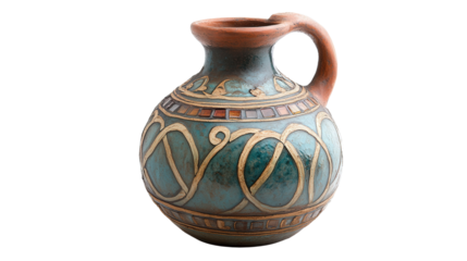 Roman glass-inlaid pottery flask with ornate design, Transparent background, PNG file