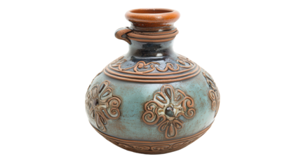 Roman glass-inlaid pottery flask with ornate design, Transparent background, PNG file