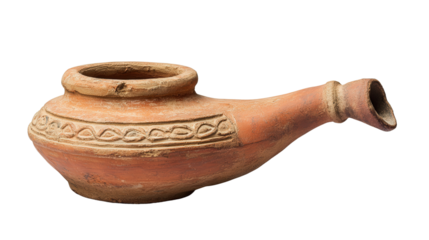 Roman terracotta oil lamp with decorated nozzle, Transparent background, PNG file