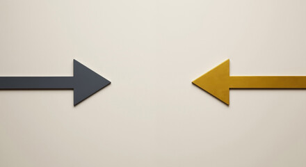 Gray yellow arrows pointing opposite directions on beige background. Decision choice. Business strategy, directional guidance, conflict resolution. Consulting services, decision making tools