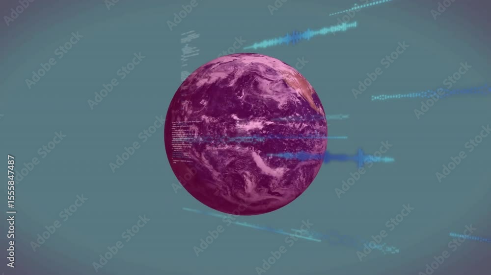 Poster crimson sphere emerging at center scaling morphing into rotating globe showing digital data flow