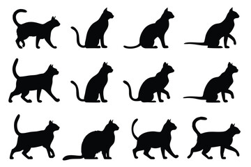 Set of Black Cat Silhouettes in Different Poses