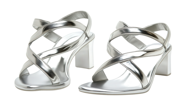 Silver strappy evening sandals, Transparent background, PNG file