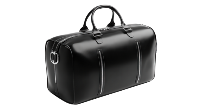 Sleek black travel bag with chrome zippers Transparent background, PNG file