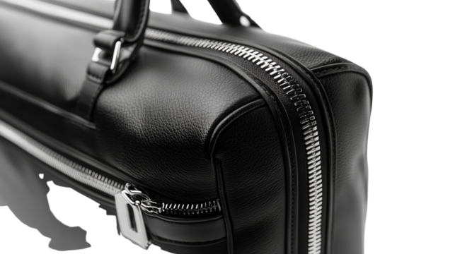 Sleek black travel bag with chrome zippers Transparent background, PNG file