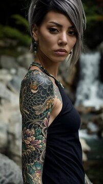 Tattooed Woman with Japanese-Style Full Sleeve, Outdoor Waterfall Scene, Slow Cinematic Movement