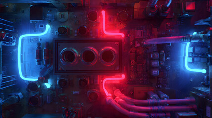 Close up of a circuit board with neon lights highlighting components and connections in red and blue