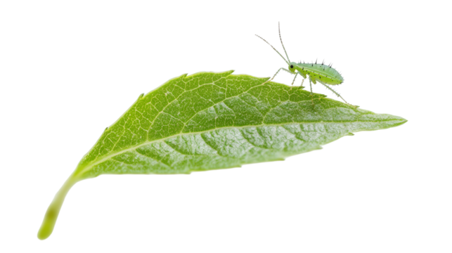 Small aphid on leaf fragment Transparent background, PNG file