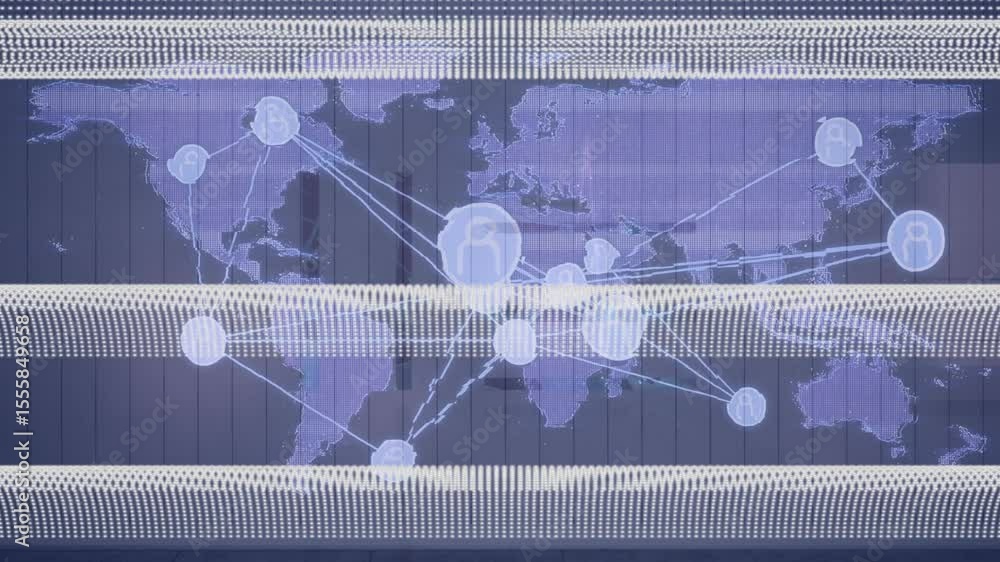 Poster muted purple map initiating wave, nodes appearing, linking and pulsing showing global network