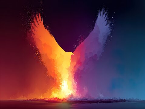 majestic phoenix rising: a vibrant fiery landscape poster perfect for empowering sports interiors and inspiring spaces